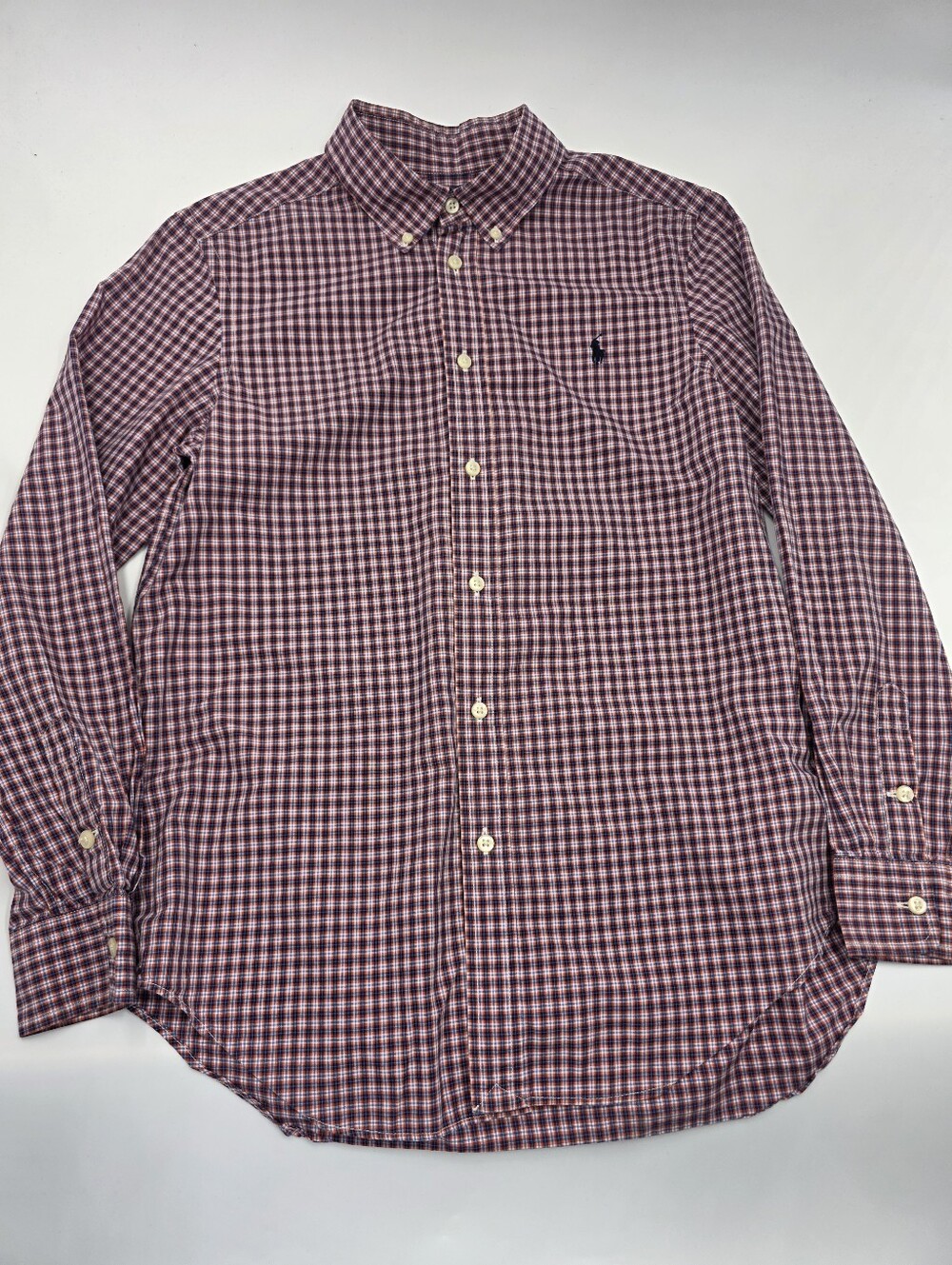 Ralph Lauren boys' navy and orange plaid button down shirt size L